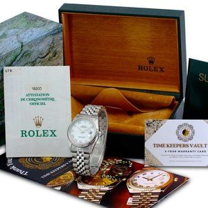 ROLEX DATEJUST 16200 WHITE DIAL 18KW GOLD BEZEL & STEEL 36MM WATCH- BOX & PAPERS